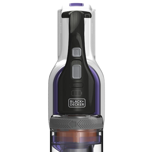 BLACK+DECKER BHFEV1825CP cordless vacuum cleaner front view, black and purple accents.