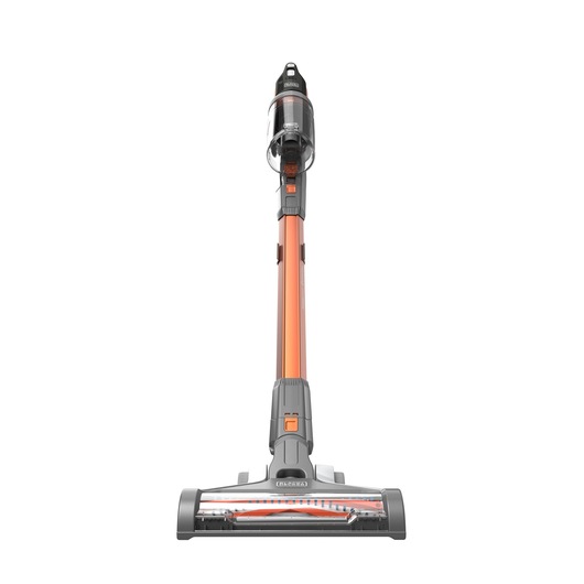 Front view of a BLACK+DECKER cordless stick vacuum cleaner with an orange tube and clear dust container, placed against a white background.
