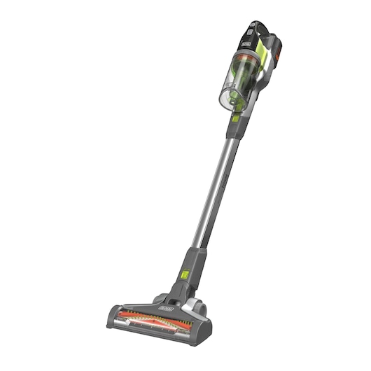 A BLACK+DECKER cordless stick vacuum cleaner with a transparent dustbin and slim design, suitable for cleaning floors and carpets.