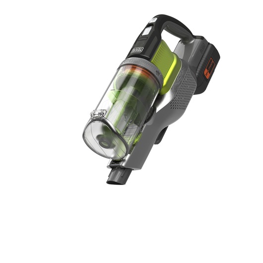 A handheld cordless vacuum cleaner by BLACK+DECKER, featuring a transparent dust container, visible filter mechanism, and a black and green design with battery pack attached.