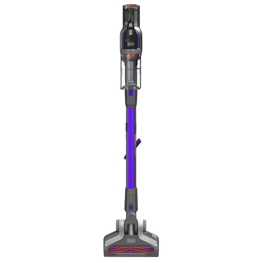 A BLACK+DECKER upright cordless vacuum cleaner with a purple body and a transparent dustbin, photographed against a white background.