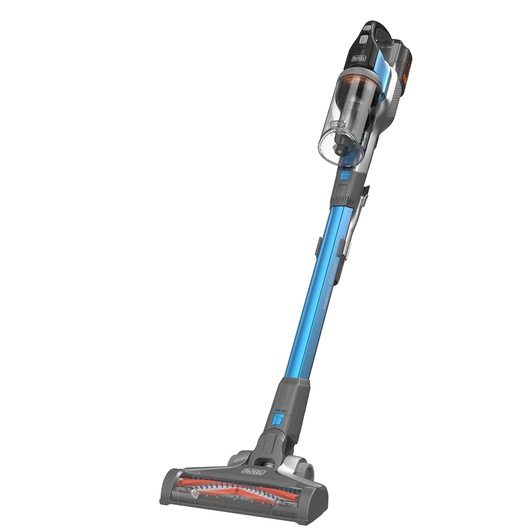 Cordless stick vacuum cleaner with a blue tube and transparent dust container, designed by BLACK+DECKER.