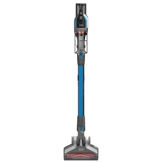 A BLACK+DECKER cordless stick vacuum cleaner, model BHFEV362D, shown upright with a blue and grey body and transparent dust container.