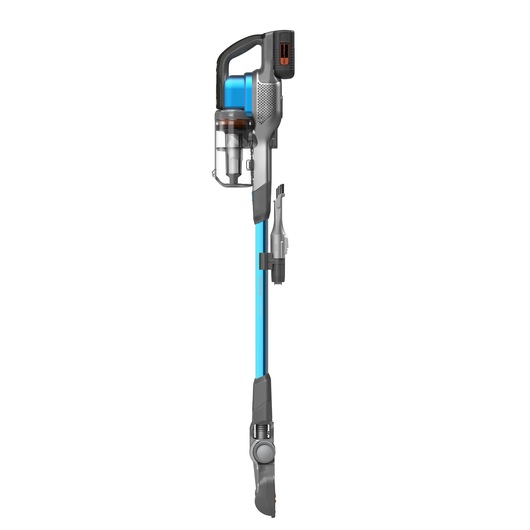 A cordless stick vacuum cleaner with a blue shaft, transparent dust container, and removable accessories, shown in a vertical position against a white background.