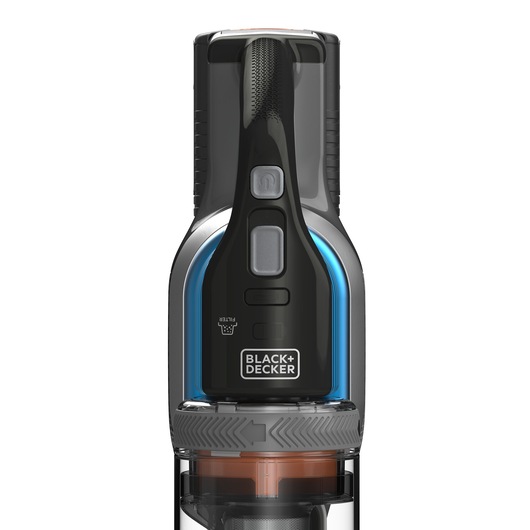 Front view of a BLACK+DECKER handheld cordless vacuum cleaner, showing the handle, control buttons, and filter indicator.
