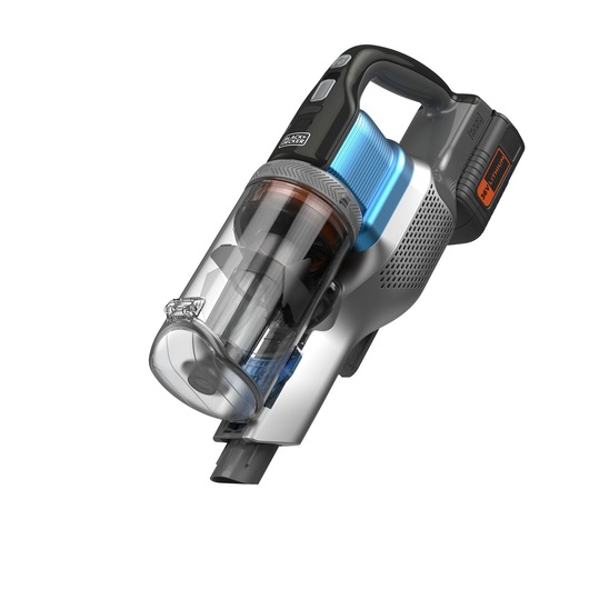 A BLACK+DECKER cordless handheld vacuum cleaner with a transparent dust container and a visible 36V lithium battery.