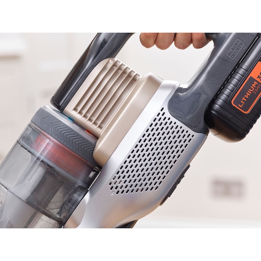 Close-up photo of BLACKDECKER cordless vacuum cleaner BHFEV36B2DW showing handle and battery details.