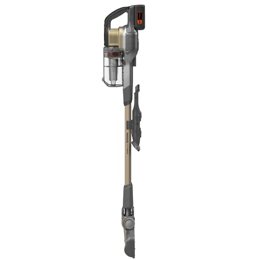 A BLACK+DECKER cordless stick vacuum cleaner with attachments mounted on the handle, shown upright in profile view.