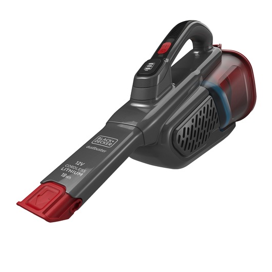 A BLACK+DECKER handheld cordless vacuum cleaner, model BHHV315B, with a long nozzle and red accents, designed for easy cleaning of small areas.