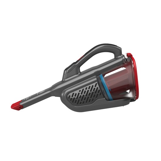 A BLACK+DECKER handheld cordless vacuum cleaner in a dark grey and red color scheme, shown in a side profile view with a slim nozzle and ergonomic handle.