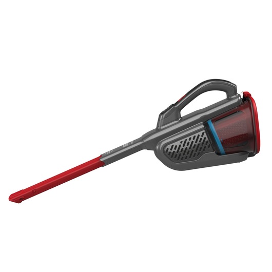 BLACKDECKER BHHV315J handheld vacuum cleaner side view, gray and red body, on white background.