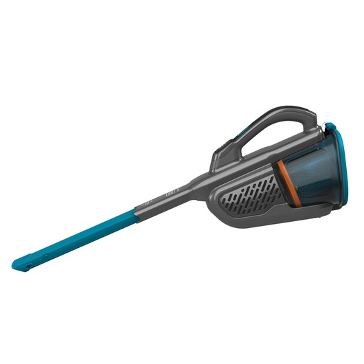 A BLACK+DECKER handheld vacuum cleaner with a long blue nozzle attachment, designed for precise cleaning in tight spaces. The vacuum is grey with blue and orange accents.