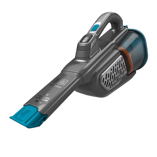 A BLACK+DECKER handheld cordless vacuum cleaner with a Lithium battery, featuring a grey and blue design, ergonomic handle, and a clear dust container.