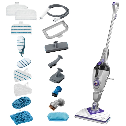 BLACKDECKER BHSM1615DSM steam mop with grey and purple body, multiple cleaning pads, brush attachments, and accessories, side view on white.