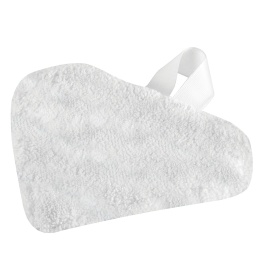 BLACKDECKER BHSM1615DSM white microfiber steam mop pad with strap, close-up on white background.