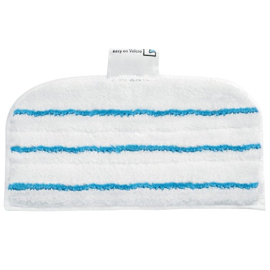 BLACKDECKER BHSM1615DSM white steam mop pad with blue stripes, front angle, on white background.