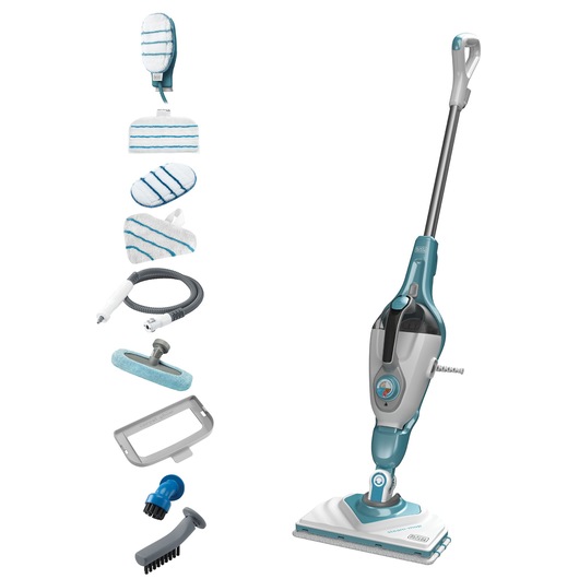 BLACKDECKER BHSM166DSM steam mop with multiple cleaning attachments, blue and white, side view, on white background.