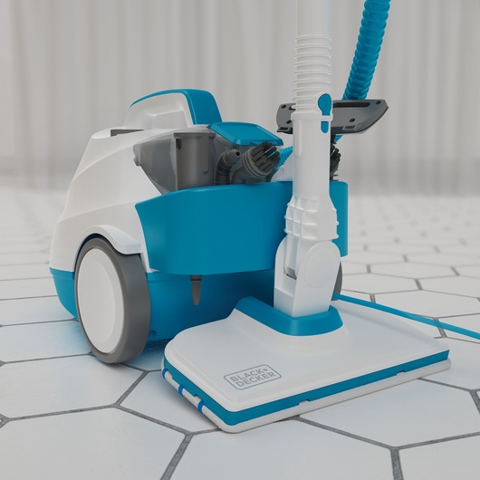 Photo of BLACKDECKER BHSMP2008 steam mop on white tile floor, white and blue design, angled view.