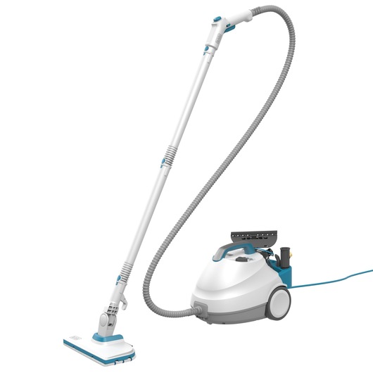 BLACKDECKER BHSMP2314 steam cleaner with white body, blue accents, long hose, and floor attachment on white background.