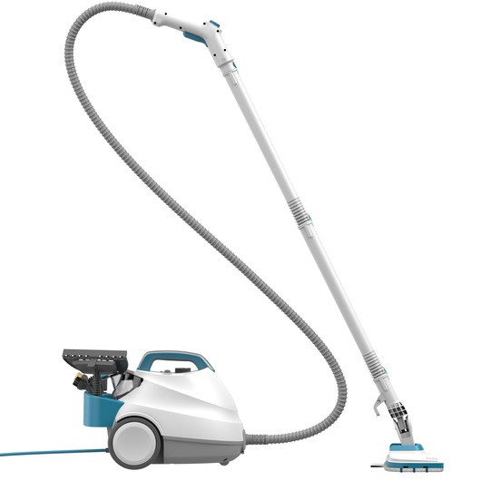 BLACKDECKER BHSMP2314 white and blue canister steam cleaner with long flexible hose, side view, on white background.