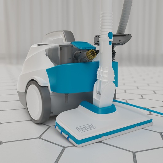 BLACK+DECKER BHSMP2314 steam mop with blue and white finish, shown on white tile floor, angled view.