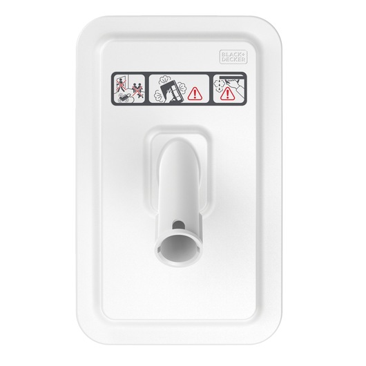 BLACK+DECKER BHSMP2314 white rectangular mop head, top view, with attachment socket and safety icons.