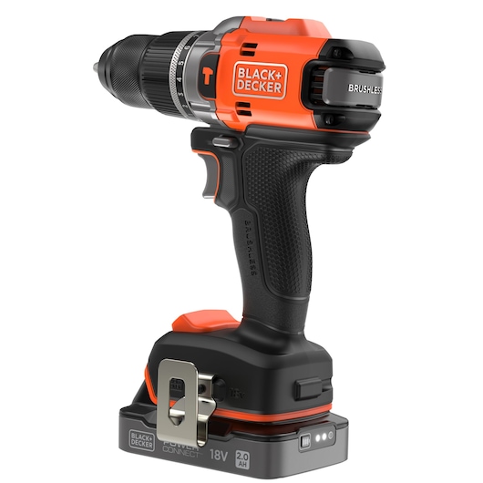 A BLACK+DECKER cordless brushless power drill with an 18V 2.0Ah battery pack, featuring a textured grip and metal belt clip, designed for photography applications.