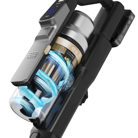 BLACKDECKER BSV520BL2P cordless stick vacuum cleaner close-up, showing digital display and cyclone filtration, white background.