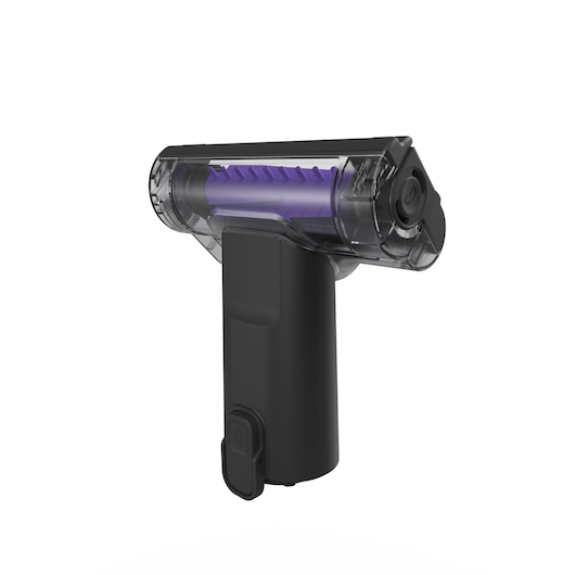 BLACKDECKER BSV520BL2P vacuum brush attachment with transparent casing and purple roller, front angle, white background.