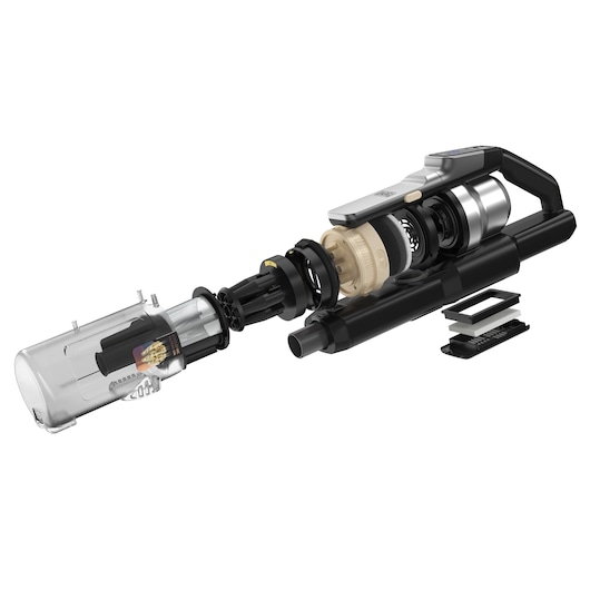 BLACKDECKER BSV525BLP vacuum cleaner side view with internal components separated, showing filters and mechanisms.