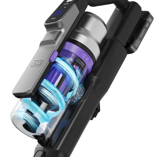 BLACK+DECKER BSV525BRP cordless vacuum close-up, clear dust canister with blue cyclone filter, black and silver body.