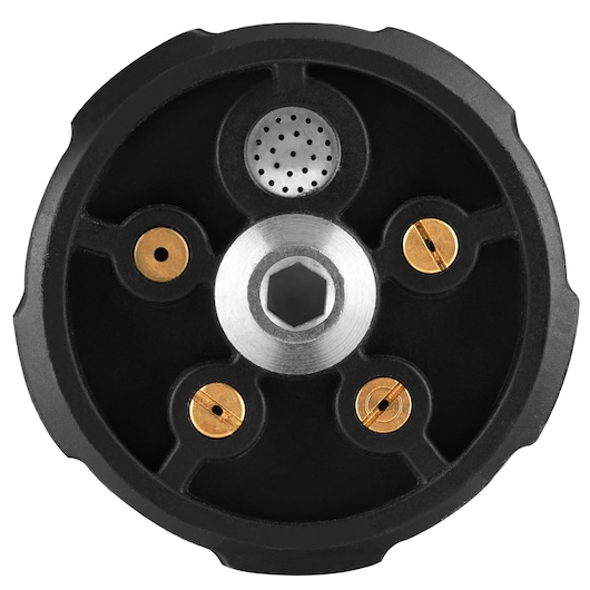 Close-up of a BLACK+DECKER photography accessory, featuring a round black and silver component with multiple brass and metal inserts.