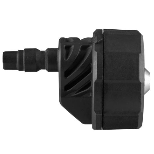 Close-up side view of a BLACK+DECKER photography accessory, showing a black, textured, cylindrical adapter with a connector.