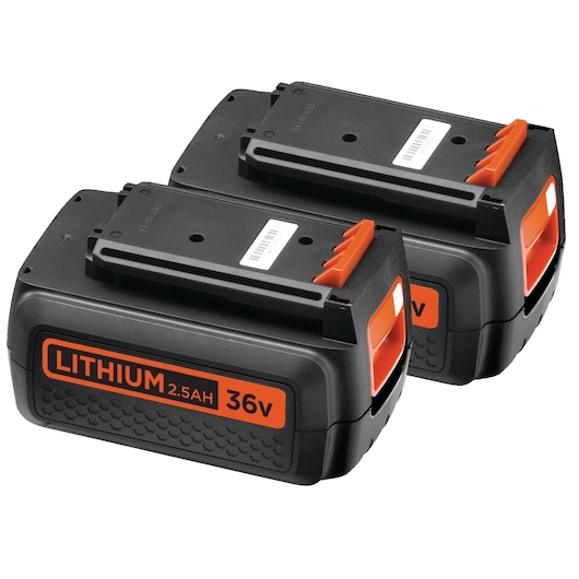 BLACKDECKER CLM3825L2 lithium 2.5Ah 36V battery twin pack, black and orange, front angle on white background.