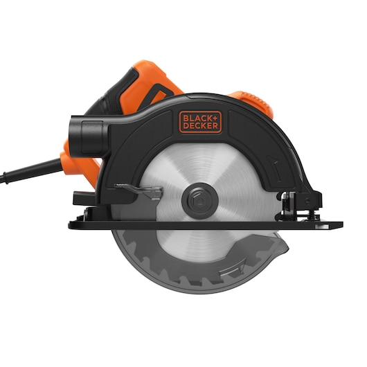 A BLACK+DECKER electric circular saw with a silver blade, black and orange casing, and a cord for power.