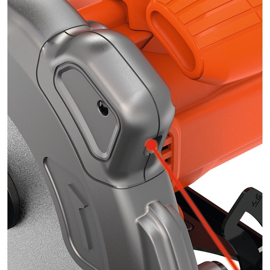 BLACKDECKER CS1250L circular saw close-up with laser guide on white background.
