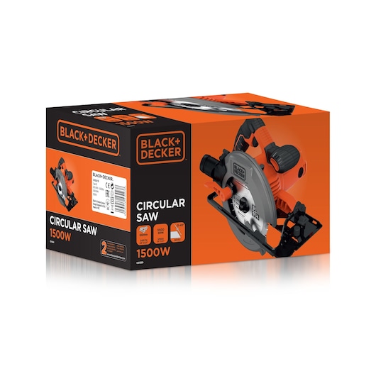 BLACK+DECKER circular saw 1500W product packaging box, showing an image of the saw and key features like blade size, RPM, and bevel angle on an orange and black background.