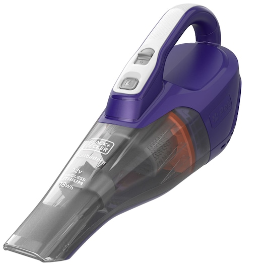 A BLACK+DECKER handheld cordless vacuum cleaner, model DVB315JP, featuring a purple and white design with pet cleaning functionality.