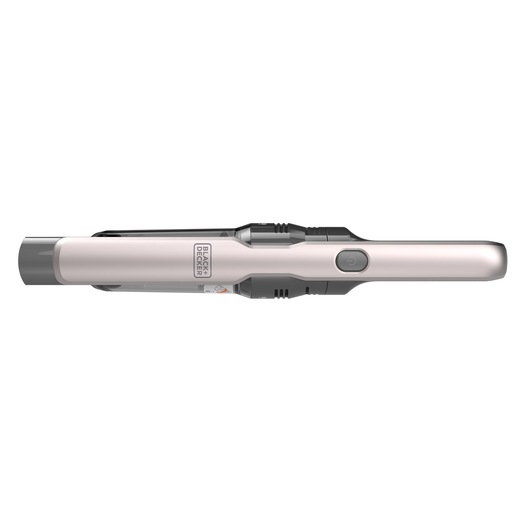 A BLACK+DECKER handheld cordless vacuum cleaner in silver and black color, shown from the side view on a white background.