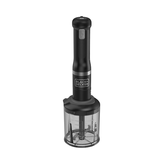 Front view of the black BLACK+DECKER Kitchen Wand with food processor attachment.