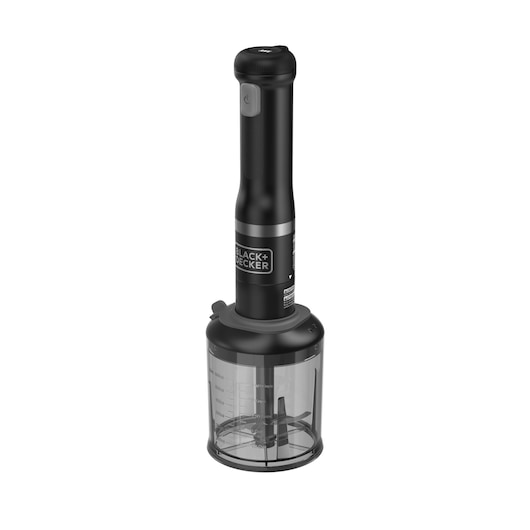 Angled view of the black BLACK+DECKER Kitchen Wand with food processor attachment.
