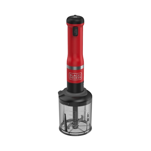 Front view of the red BLACK+DECKER Kitchen Wand with food processor attachment.