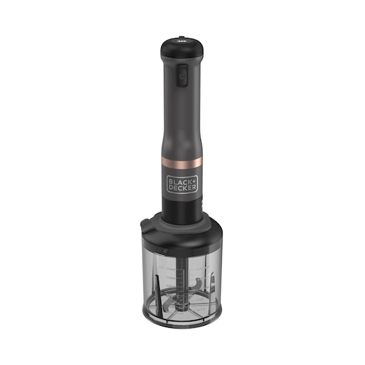 Front view of the grey BLACK+DECKER Kitchen Wand with food processor attachment.
