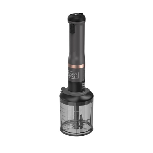 Angled view of the grey BLACK+DECKER Kitchen Wand with food processor attachment.