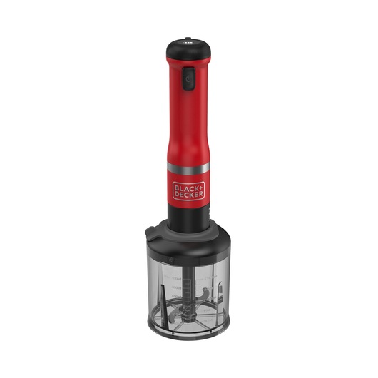 Front view of the red BLACK+DECKER Kitchen Wand with food processor attachment.