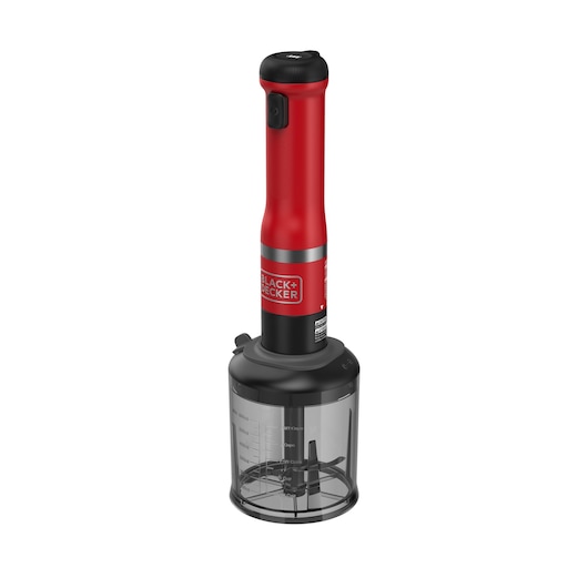 Angled view of the red BLACK+DECKER Kitchen Wand with food processor attachment.