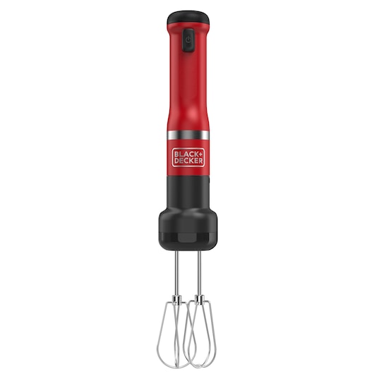 Front view of the red BLACK+DECKER Kitchen Wand with hand mixer attachment.