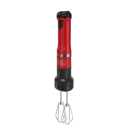 Angled view of the red BLACK+DECKER Kitchen Wand with hand mixer attachment.