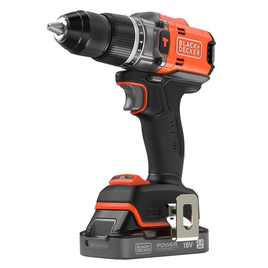 Front-side view of the BLACK+DECKER® 18V POWERCONNECT™ Brushless Hammer Drill.