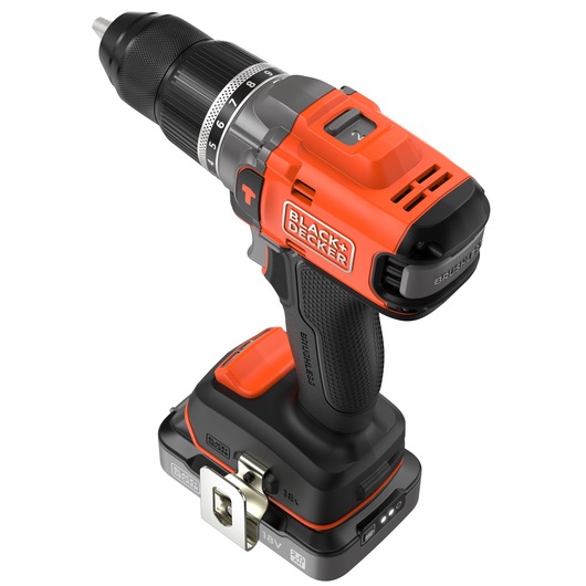 High-angled, rear-side view of the BLACK+DECKER® 18V POWERCONNECT™ Brushless Hammer Drill.